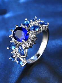 MONALLY 1pc Fashionable Charm Fully Rhinestone Copper Ring For Women, Birthday Gift Accessory - Blue - View 3