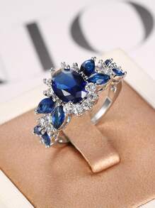 MONALLY 1pc Fashionable Charm Fully Rhinestone Copper Ring For Women, Birthday Gift Accessory - Blue - View 4