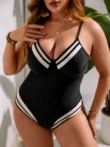 SHEIN Swim Curve Plus Striped Trim One Piece Swimsuit - Black - View 1