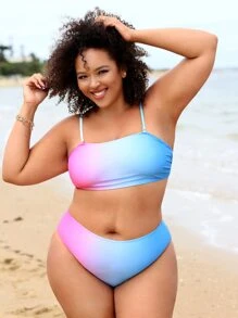 Plus Size Ombre High Waisted Bikini Set Summer Beach - Multicolor - View 1