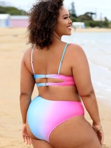 Plus Size Ombre High Waisted Bikini Set Summer Beach - Multicolor - View 2