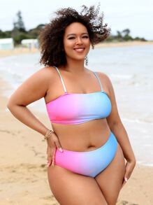 Plus Size Ombre High Waisted Bikini Set Summer Beach - Multicolor - View 3