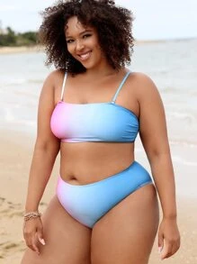 Plus Size Ombre High Waisted Bikini Set Summer Beach - Multicolor - View 4