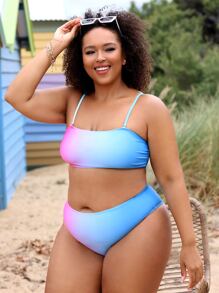 Plus Size Ombre High Waisted Bikini Set Summer Beach - Multicolor - View 5