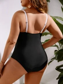 SHEIN Swim Curve 大碼撞色滾邊聚攏連身泳裝 - 黑色 - 查看 2