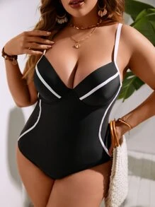 SHEIN Swim Curve 大碼撞色滾邊聚攏連身泳裝 - 黑色 - 查看 3