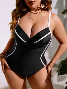 SHEIN Swim Curve 大碼撞色滾邊聚攏連身泳裝 - 黑色 - 查看 4