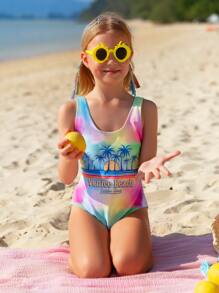 Girls Tie Dye & Palm Tree Print One Piece Swimsuit - Multicolor - View 6