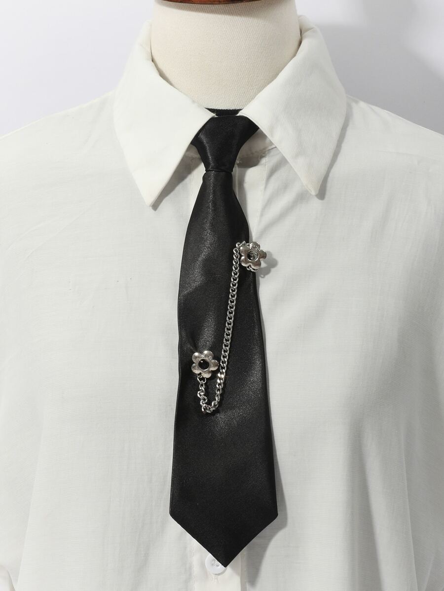 Chain & Flower Decor Tie - Black - View 1
