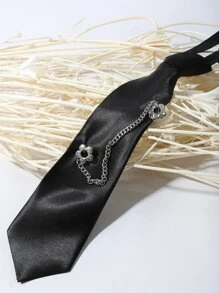 Chain & Flower Decor Tie - Black - View 4