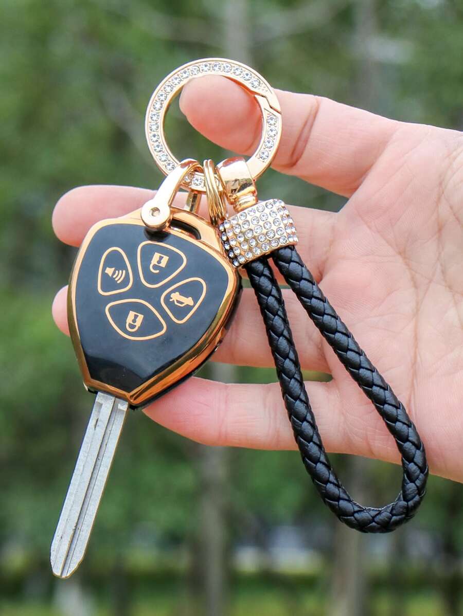 1套水鑽裝飾鑰匙圈和車鑰匙殼兼容豐田,鑰匙表袋用鏈條或絲帶連接到馬甲懷錶套 - 彩色 - 查看 1