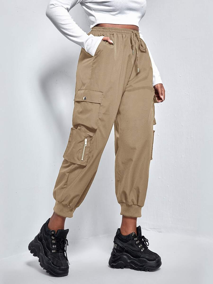 SHEIN EZwear Plus Flap Pocket Drawstring Cargo Trousers