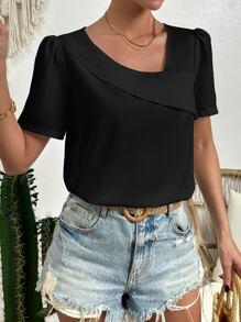 SHEIN Privé Áo sơ mi nữ Bất đối xứng màu trơn Giải trí - màu đen - Xem 3