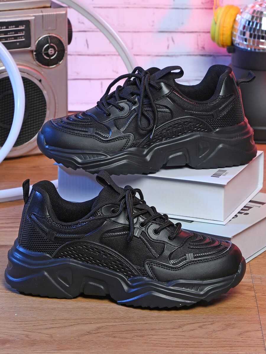 Women Chunky Sneakers Knit Lace-up Front Sneakers Black - Black - View 1