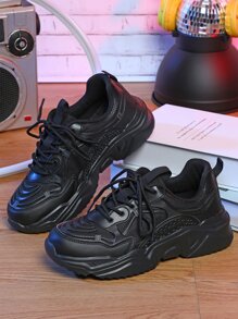 Women Chunky Sneakers Knit Lace-up Front Sneakers Black - Black - View 3