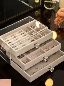 1pc Plastic Jewelry Storage Box, Clear Multi-grid Jewelry Organizer For Home - Grey - View 1