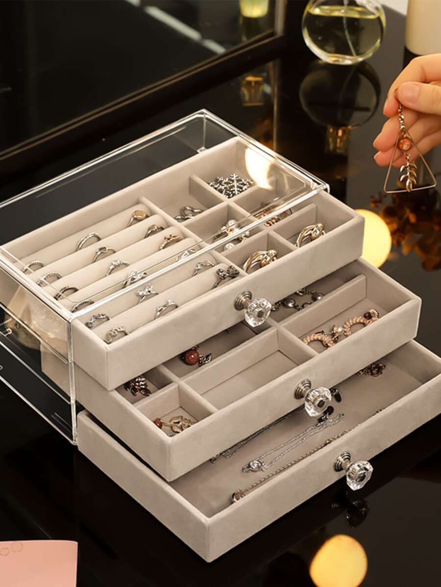 1pc Plastic Jewelry Storage Box, Clear Multi-grid Jewelry Organizer For Home - Grey - View 1