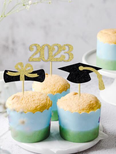 12入組/套紙蛋糕禮帽新奇畢業帽和年數形狀蛋糕裝飾用品適用於畢業派對