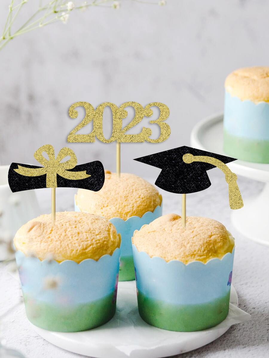 12pcs/set Paper Cake Topper, Novelty Graduation Hat & Year Number Shaped Cake Top Decoration For Graduation Party - Multicolor - View 1