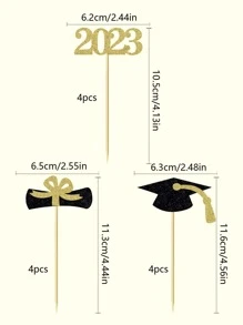 12pcs/set Paper Cake Topper, Novelty Graduation Hat & Year Number Shaped Cake Top Decoration For Graduation Party - Multicolor - View 2