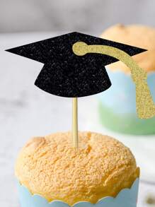 12pcs/set Paper Cake Topper, Novelty Graduation Hat & Year Number Shaped Cake Top Decoration For Graduation Party - Multicolor - View 4