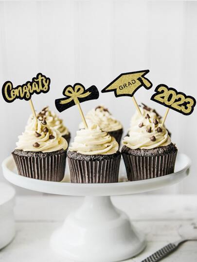 12入組/套紙蛋糕禮帽創意年數和字母設計蛋糕裝飾用品適用於畢業派對