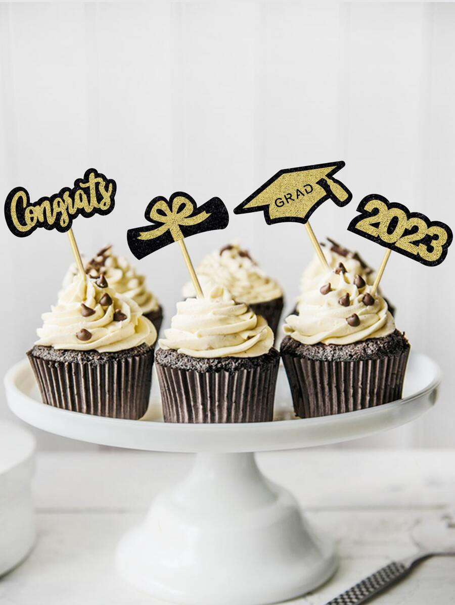 12入組/套紙蛋糕禮帽創意年數和字母設計蛋糕裝飾用品適用於畢業派對 - 彩色 - 查看 1