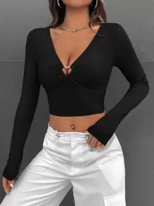 SHEIN EZwear Camiseta corta de punto acanalado con anillo en forma de corazón para primavera - Negro - Ver 4