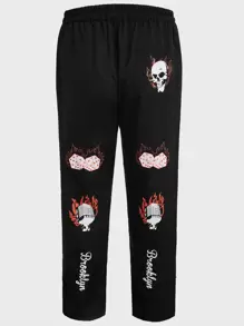 ROMWE MEN Street Life Guys Skull & Letter Graphic Straight Leg Pants - Black - View 1