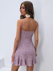 Soleia Ditsy Floral Tie Front Ruffle Hem Cami Dress - Lilac Purple - View 2
