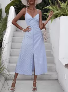 Frievida Váy hai dây xẻ đùi in họa tiết sọc xoắn phía trước trang phục đi nghỉ cho nữ - Xanh và trắng - Xem 4