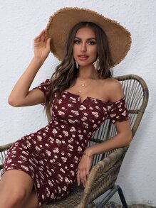 SHEIN VCAY 一字肩木耳邊小碎花洋裝 - 紫紅色 - 查看 1