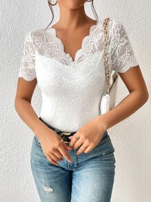 SHEIN Frenchy 貝殼邊拼接蕾絲上衣 - 白色 - 查看 7