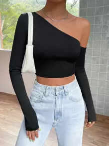 SHEIN EZwear Spring Black Balletcore Asymmetrical Neck Crop Tee - Black - View 5