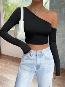 SHEIN EZwear Spring Black Balletcore Asymmetrical Neck Crop Tee - Black - View 1