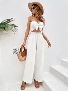 SHEIN VCAY 前繫帶抹胸上衣和闊腿褲 - 白色 - 查看 1