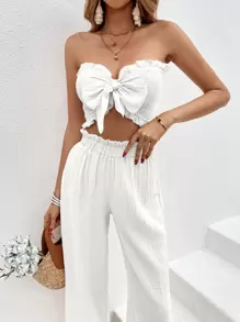 SHEIN VCAY 前繫帶抹胸上衣和闊腿褲 - 白色 - 查看 3