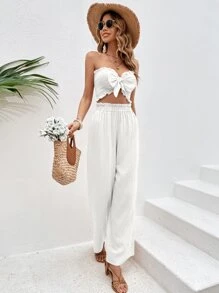 SHEIN VCAY 前繫帶抹胸上衣和闊腿褲 - 白色 - 查看 4