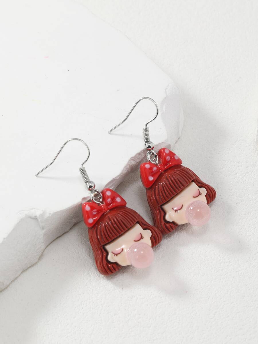 1 对可爱吹泡泡女孩和蝴蝶结树脂耳环