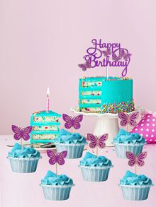 13pcs/set Butterfly Decor Cake Topper, Modern Purple Paper Glitter Detail Butterfly Design Cake Decoration For Birthday Party - Purple - View 1