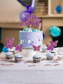 13pcs/set Butterfly Decor Cake Topper, Modern Purple Paper Glitter Detail Butterfly Design Cake Decoration For Birthday Party - Purple - View 2