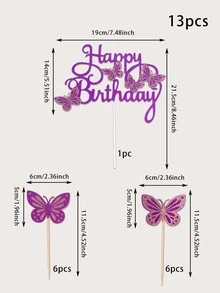 13pcs/set Butterfly Decor Cake Topper, Modern Purple Paper Glitter Detail Butterfly Design Cake Decoration For Birthday Party - Purple - View 3