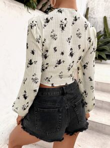 SHEIN VCAY 印花前扭結燈籠袖短款襯衫 - 米色 - 查看 2