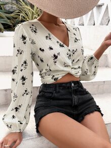 SHEIN VCAY 印花前扭結燈籠袖短款襯衫 - 米色 - 查看 3