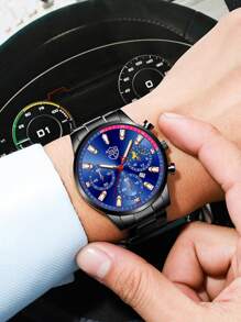 DEYROS 1pc Men Round Pointer Quartz Watch & 2pcs Jewelry Set - Black - View 3