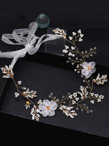 花和人造珍珠裝飾新娘髮帶