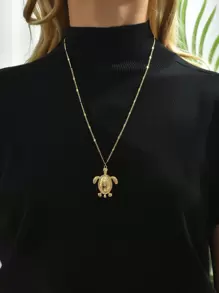 Rhinestone Decor Turtle Charm Necklace - Yellow Gold - View 2