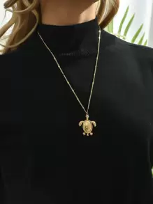 Rhinestone Decor Turtle Charm Necklace - Yellow Gold - View 3