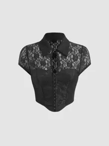 SHEIN MOD Áo sơ mi nữ Bất đối xứng Tương phản ren cắt màu trơn Gợi cảm - màu đen - Xem 1