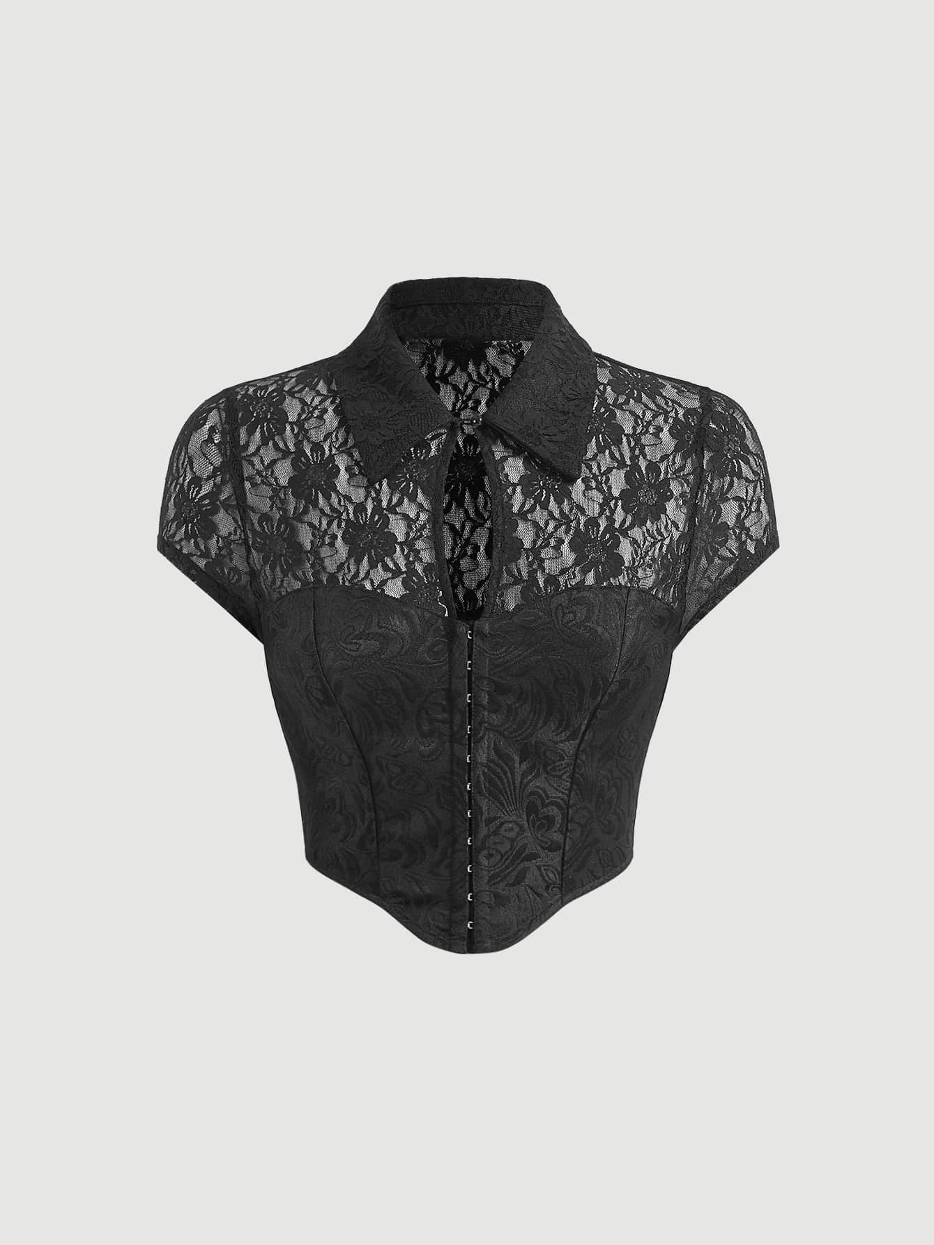 SHEIN MOD Áo sơ mi nữ Bất đối xứng Tương phản ren cắt màu trơn Gợi cảm - màu đen - Xem 1